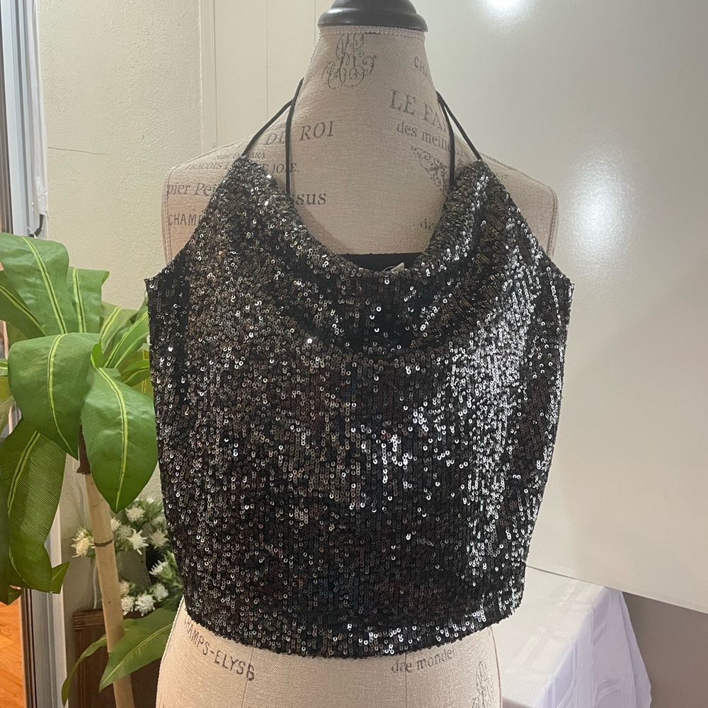 Steve Madden  Black sequined Top  size‎ Medium New Grunge Festival Night out - Picture 2 of 8